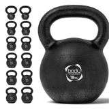 Kettlebell in ghisa da 18 kg, finitura nera opaca, manico robusto, ideale per allenamenti di forza e resistenza