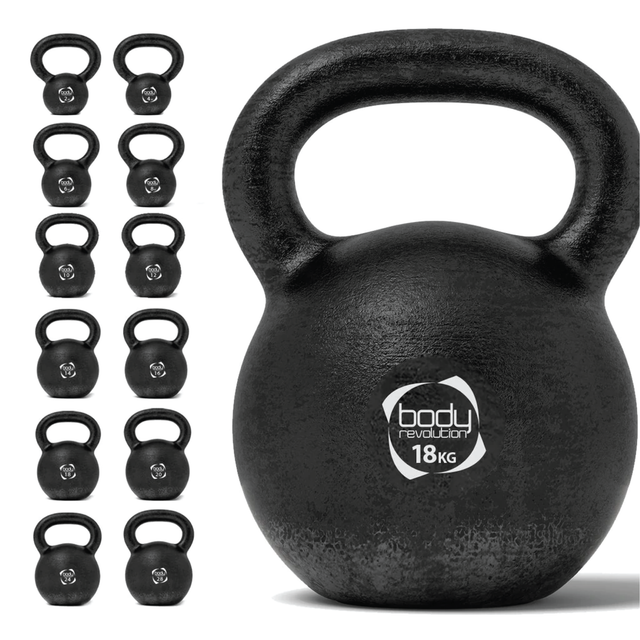 Kettlebell in ghisa da 18 kg, finitura nera opaca, manico robusto, ideale per allenamenti di forza e resistenza