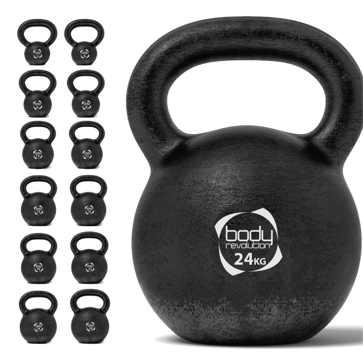 Kettlebell in ghisa da 24 kg, finitura nera opaca, manico ergonomico, ideale per allenamenti di forza e resistenza