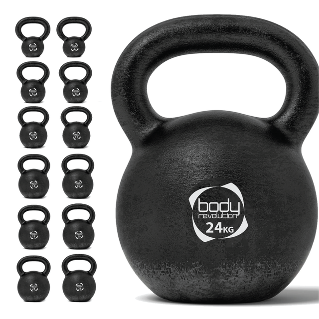 Kettlebell in ghisa da 24 kg, finitura nera opaca, manico ergonomico, ideale per allenamenti di forza e resistenza