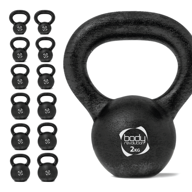 Kettlebell in ghisa nera da 2 kg con manico ergonomico, superficie opaca e design compatto per allenamenti efficaci