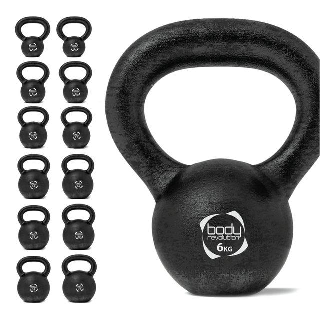 Kettlebell in ghisa nera da 6 kg con manico ergonomico, superficie liscia e resistente, ideale per allenamenti di forza e resistenza