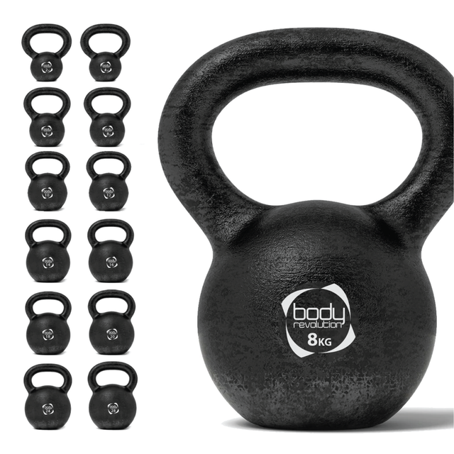 Kettlebell in ghisa nera da 8 kg con manico ergonomico, superficie ruvida per una presa sicura, ideale per allenamenti fitness