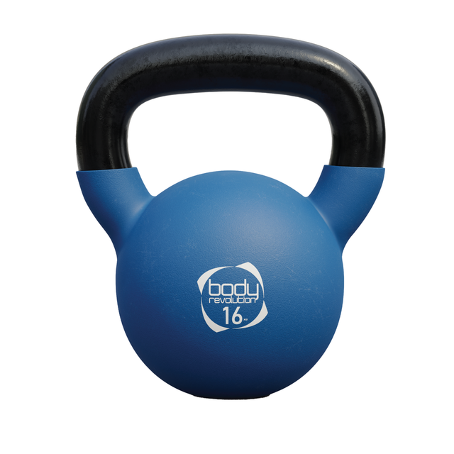 Kettlebell Body Revolution da 16kg, rivestita in neoprene blu, manico nero, design ergonomico per un allenamento efficace