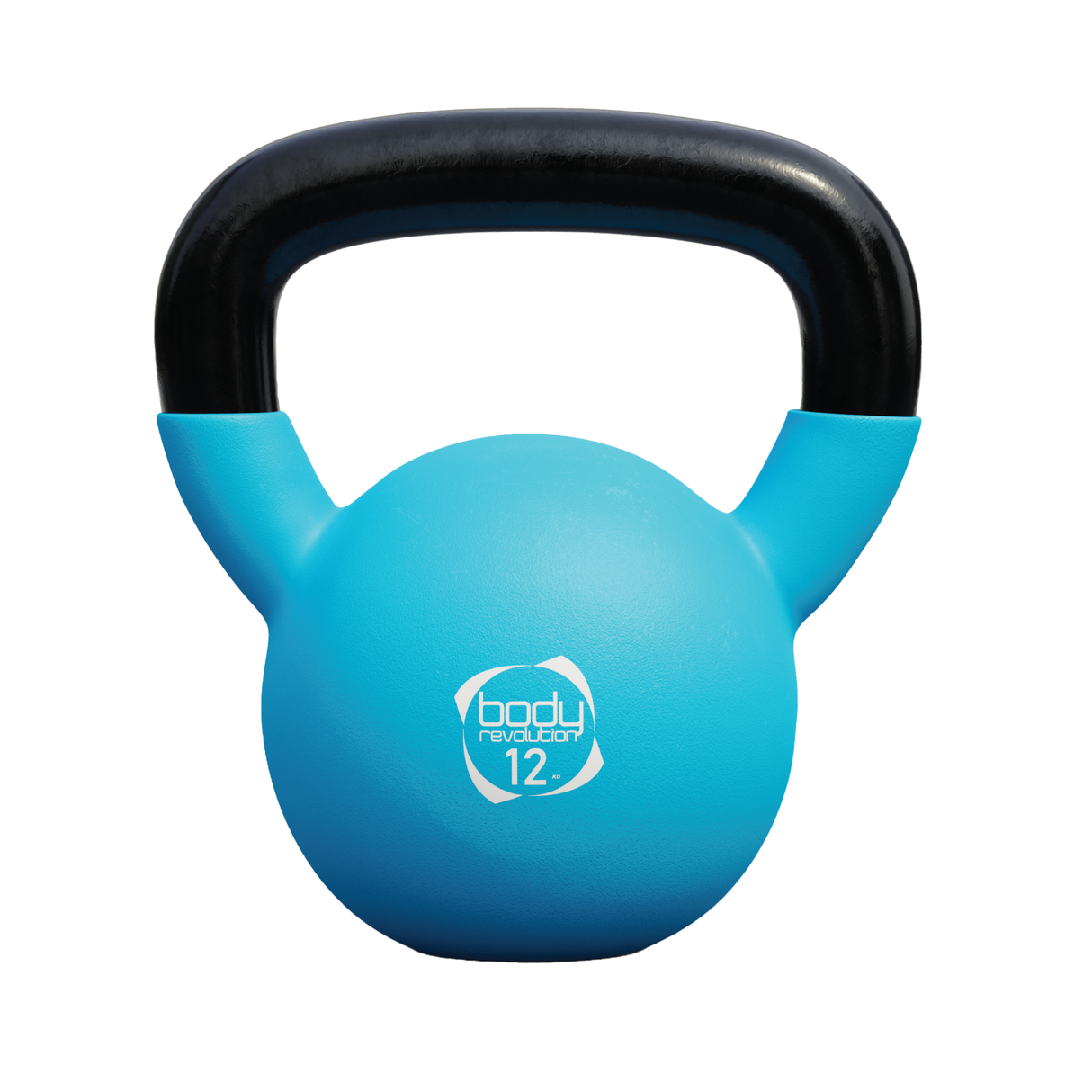 Kettlebell da 12 kg in ghisa con rivestimento in neoprene blu, manico nero, design ergonomico per un'ottima presa durante l'allenamento