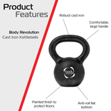 Kettlebell in ghisa da 16 kg con manico ampio, finitura nera opaca e base piatta per stabilità e protezione dei pavimenti