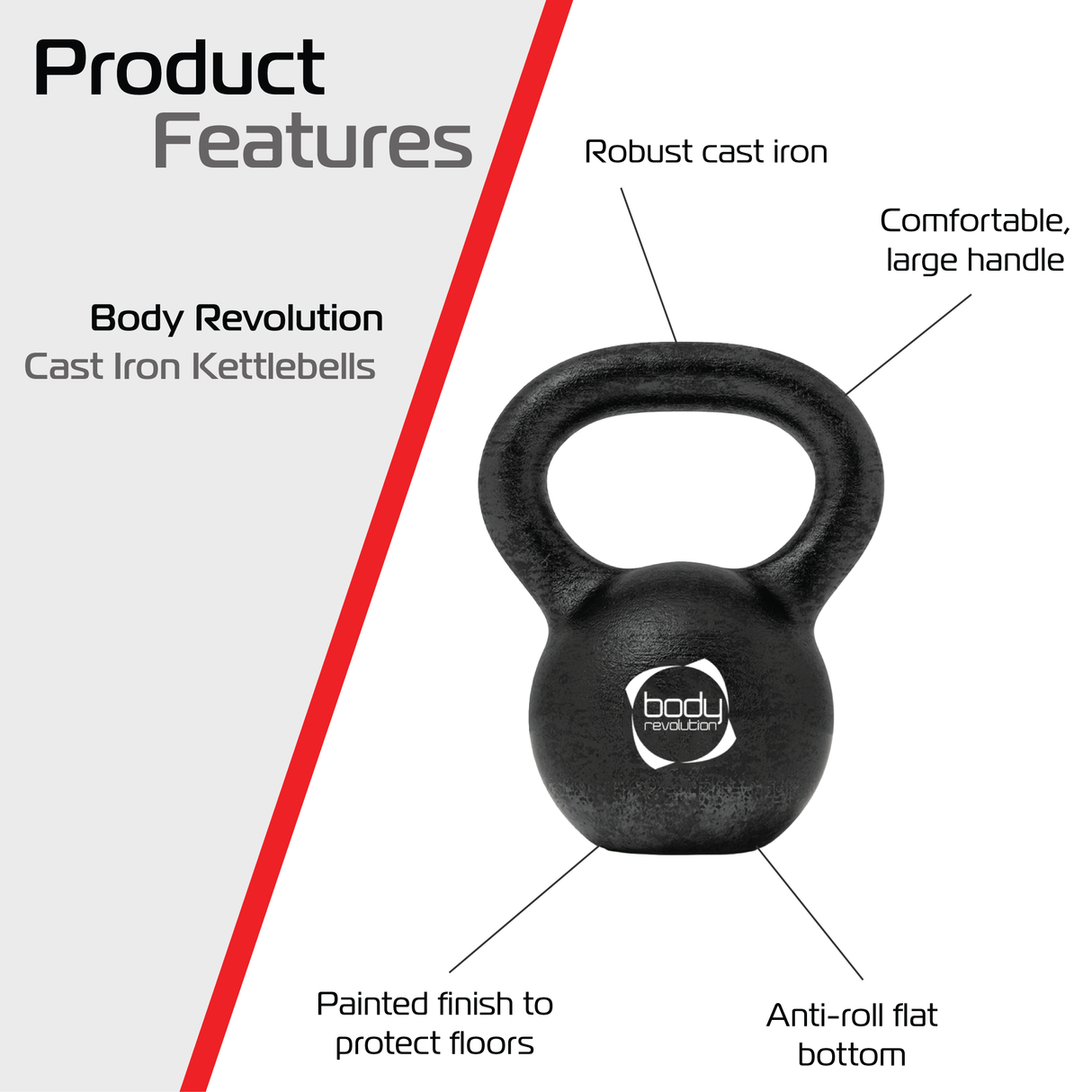Kettlebell in ghisa da 6 kg con manico grande, finitura nera opaca, base piatta anti-roll e design robusto per allenamenti efficaci