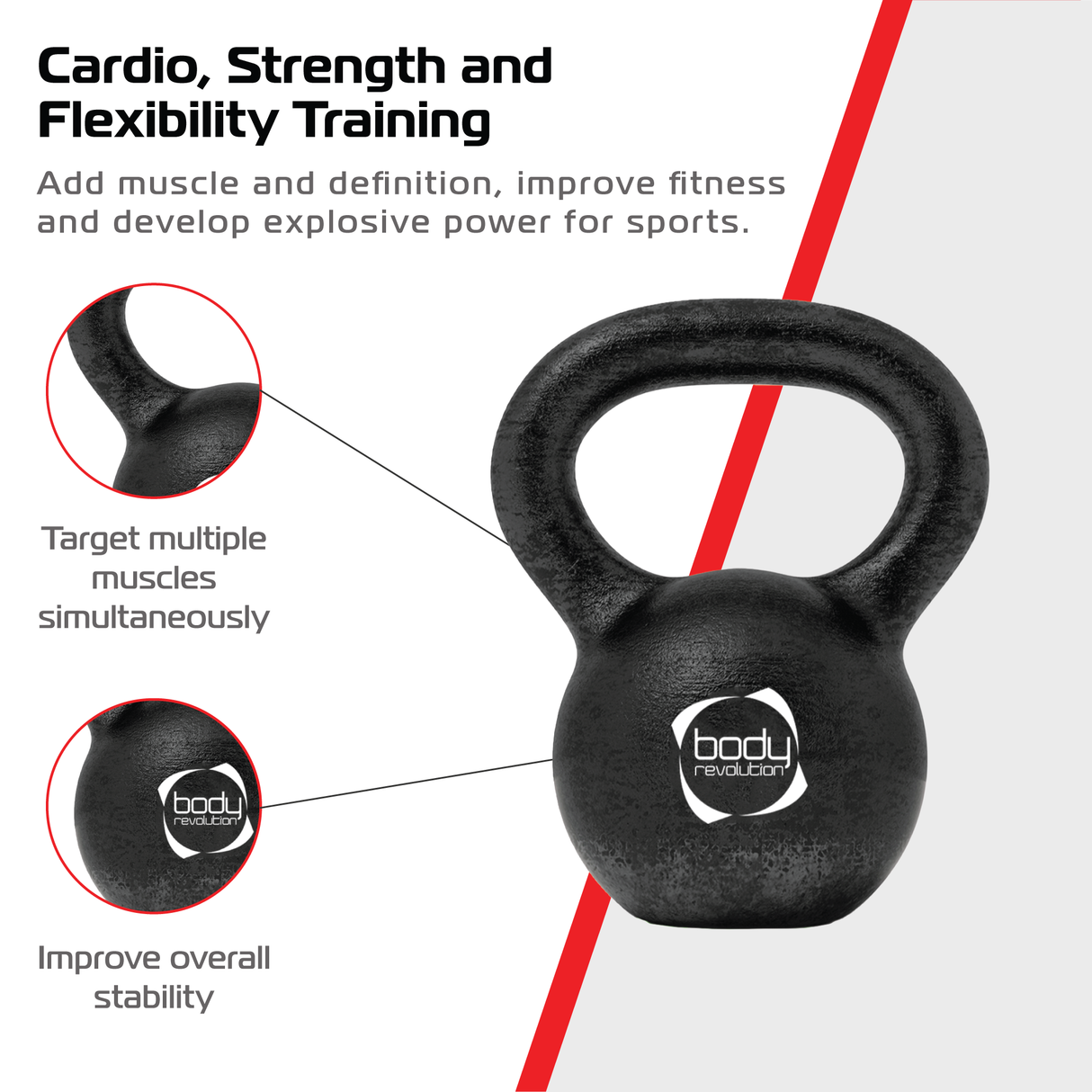 Kettlebell in ghisa nera da 18 kg con manico curvo, superficie opaca e logo bianco, ideale per allenamenti di forza e resistenza