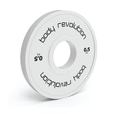 Disco frazionato bianco da 0,5 kg con scritte nere, design circolare e superficie liscia, ideale per allenamenti e fitness