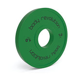 Disco frazionato verde brillante da 1 kg, con foro centrale e scritte in rilievo, ideale per l'allenamento e il fitness