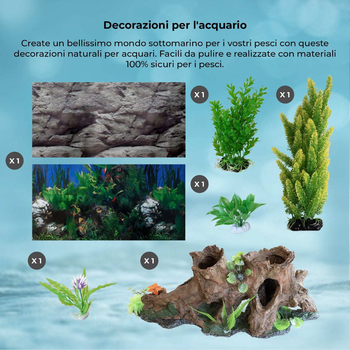 Acquario 300 Litri con Mobile Nero e Kit con Piante e Ghiaia Blu