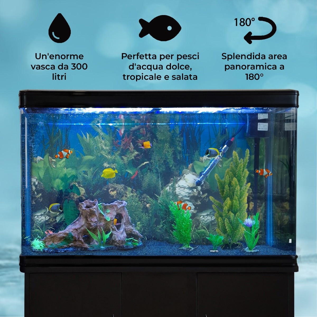 Acquario 300 Litri con Mobile Nero e Kit con Piante e Ghiaia Blu