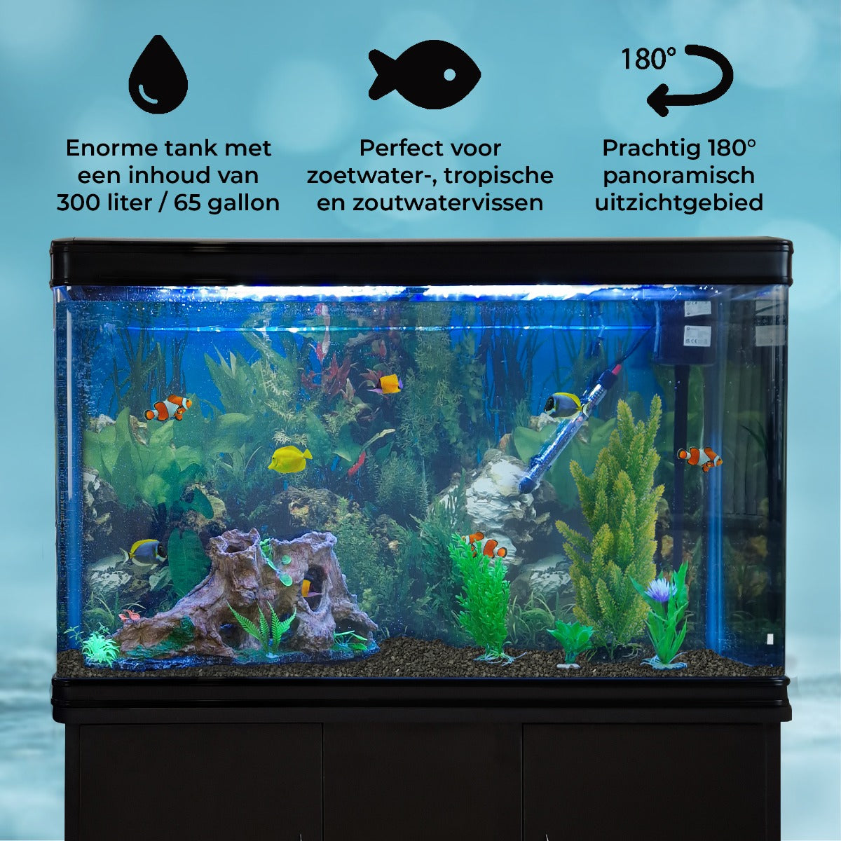 Acquario 300 Litri con Mobile Nero e Kit con Ghiaia Nera