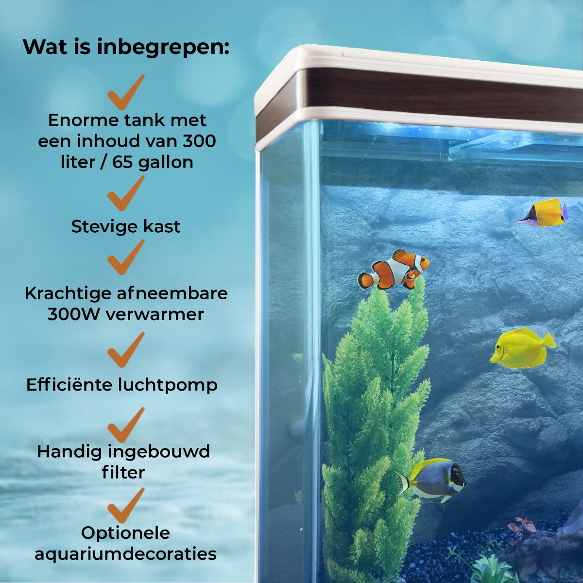 Acquario 300 Litri con Mobile Bianco e Kit con Ghiaia Blu