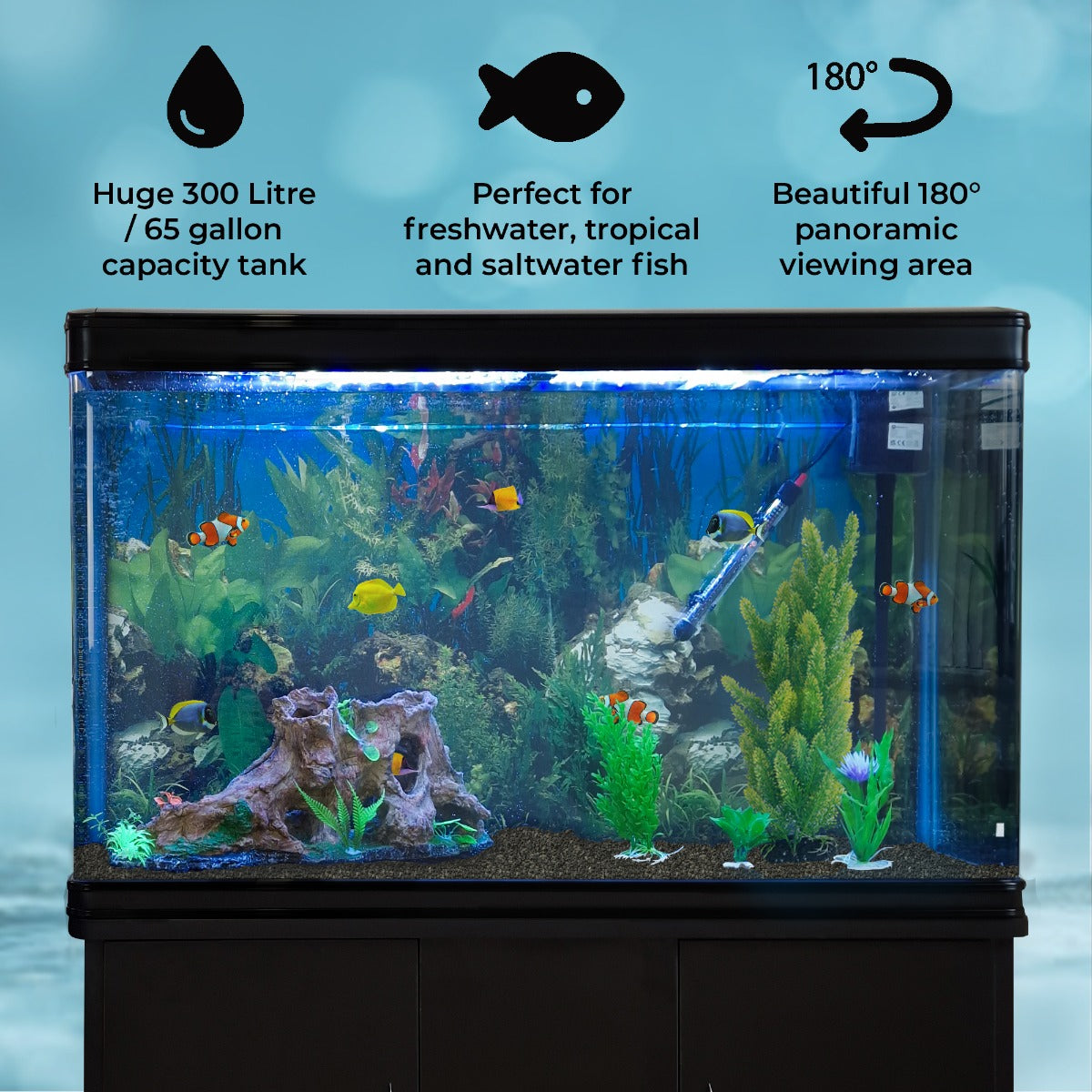 Acquario 300 Litri con Mobile Nero e Kit con Ghiaia Nera