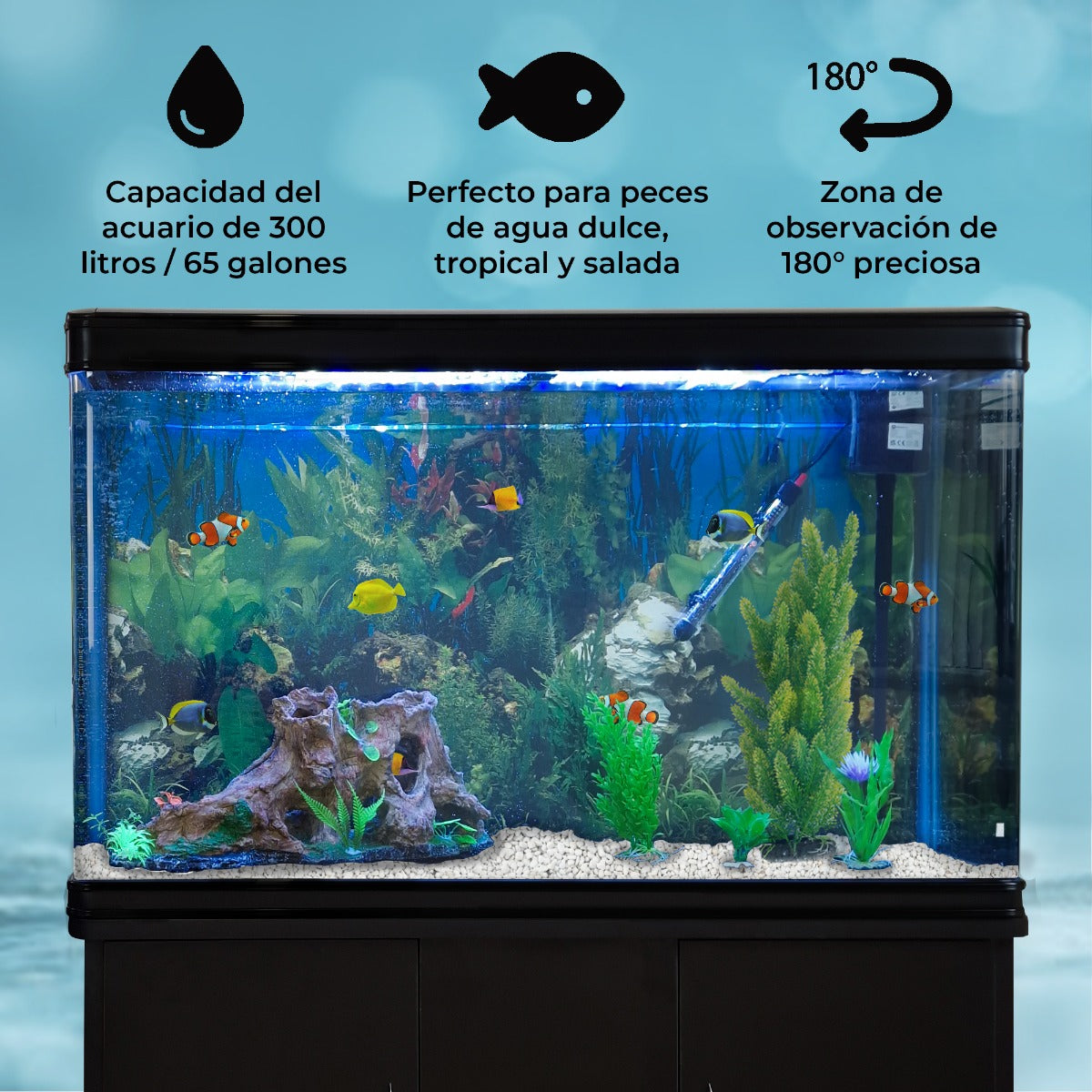 Acquario 300 Litri con Mobile Nero e Kit con Ghiaia Bianca