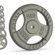 Disco in ghisa da 15kg con presa Tri-Grip, finitura grigia opaca, design robusto e scanalature per una migliore presa