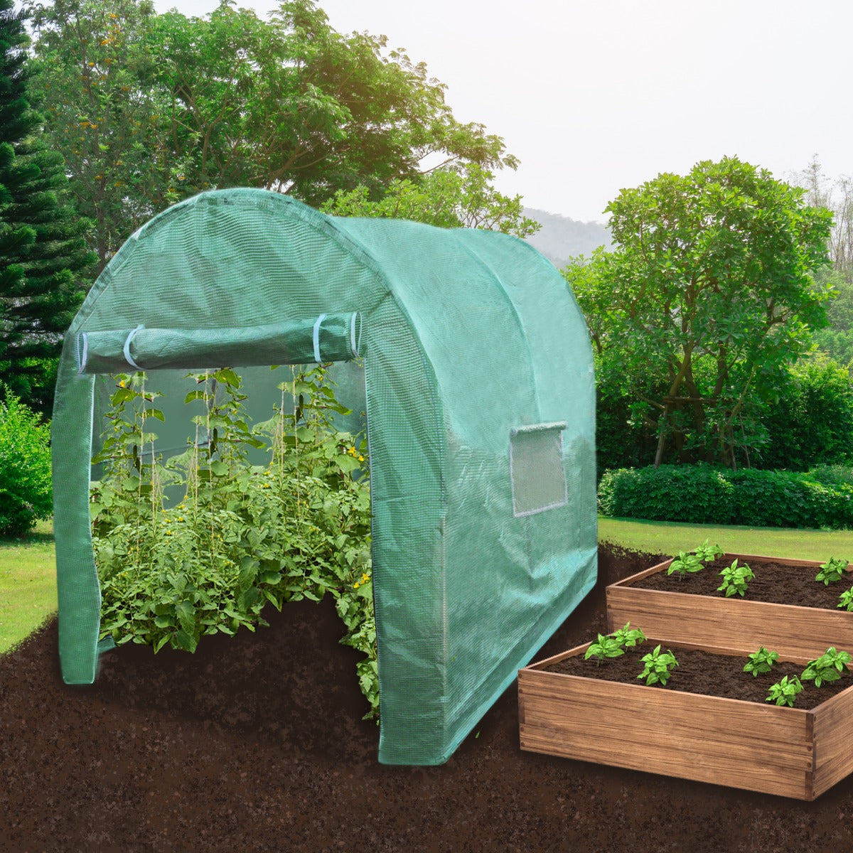 Serra da giardino a tunnel verde in tessuto, 4m x 2m, con piante verdi all'interno e aiuole in legno accanto nel giardino