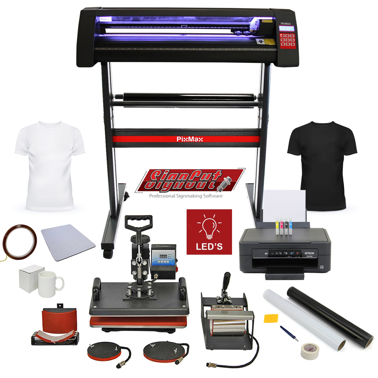 Kit con Plotter per Taglio Vinile - LED - Pressa a Caldo 5 in 1 & Stampante