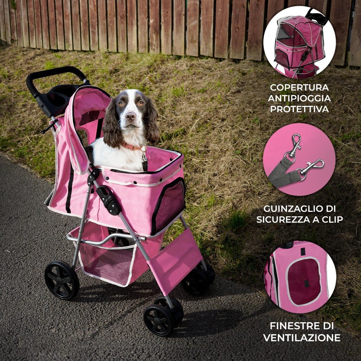 Passeggino per Animali Domestici con Parapioggia – Rosa