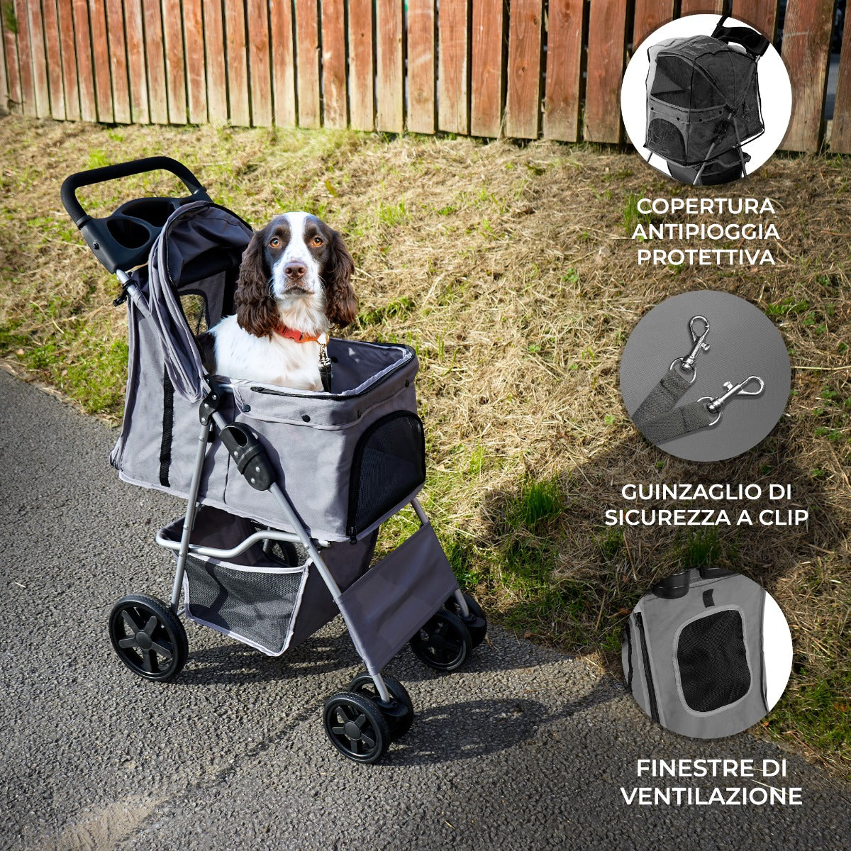 Passeggino per Animali Domestici con Parapioggia – Grigio