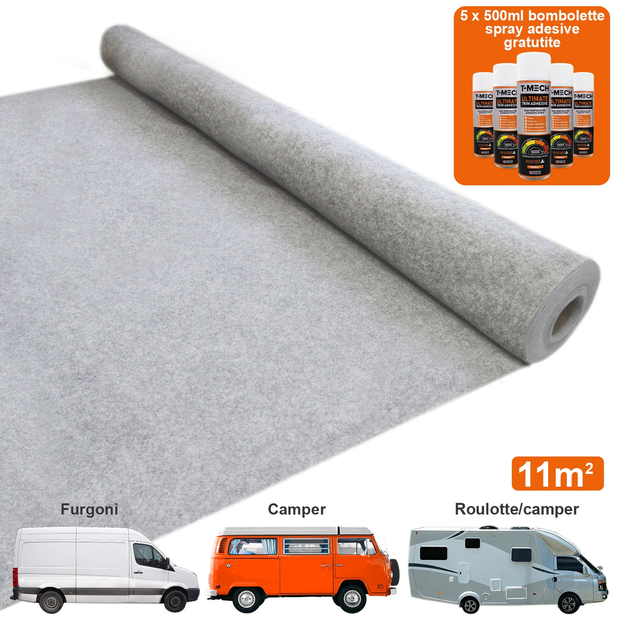 Fodera Moquette per Furgoni & 5 Spray Adesivi / Grigio Argento