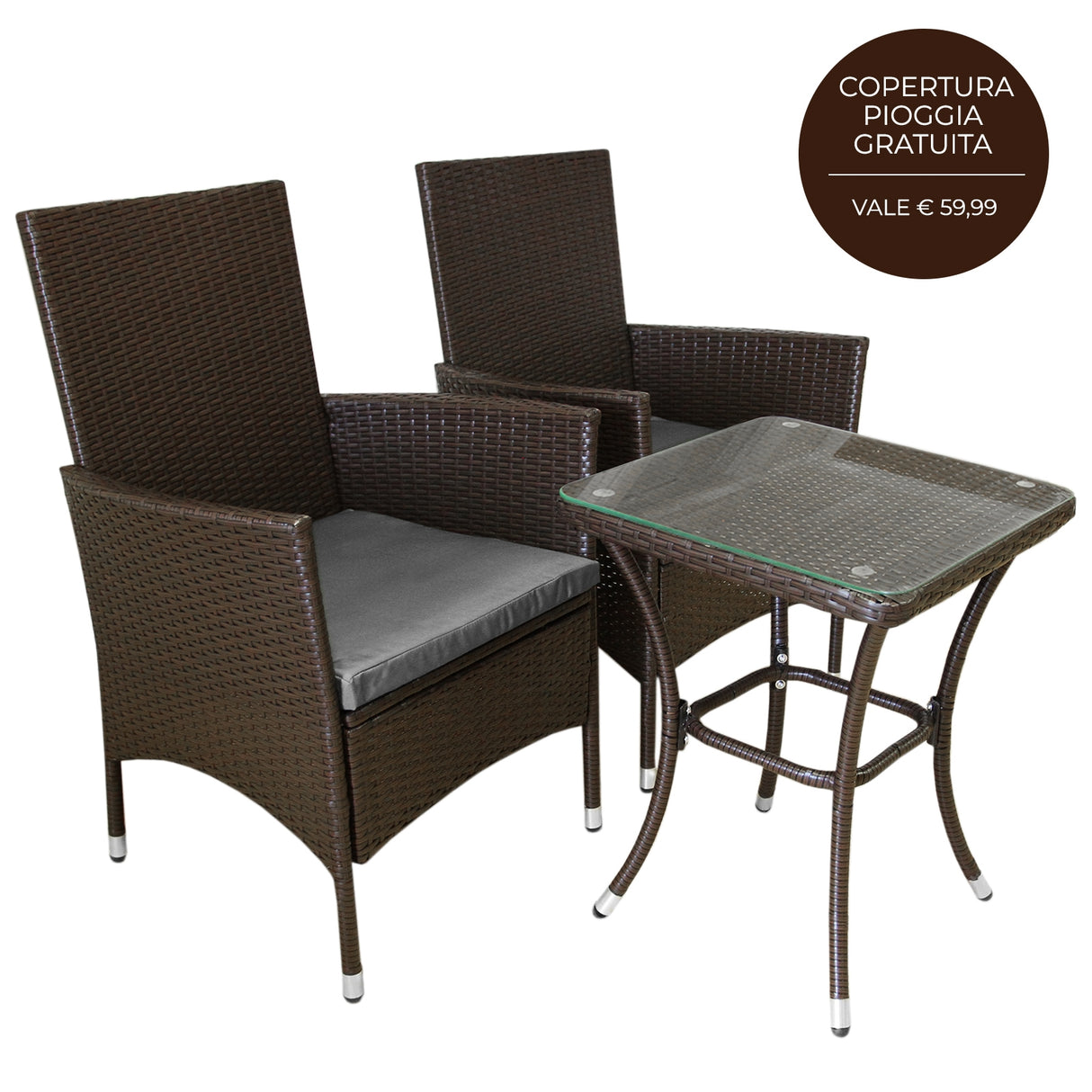 Set Bistro da Giardino in Poly Rattan Vimini Marrone Marrone