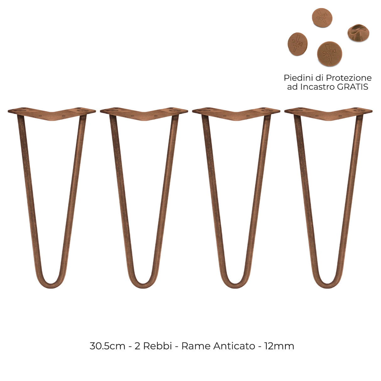 4 Gambe da Tavolo a Forcina 30.5cm - 2 Rebbi - 12mm - Rame Anticato