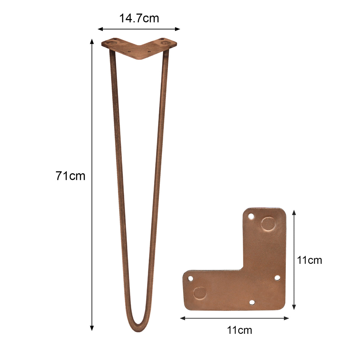 4 Gambe da Tavolo a Forcina 71cm - 2 Rebbi - 10mm - Rame Antico