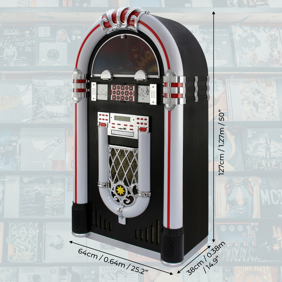 Jukebox Anni '50 con Vinile, CD, USB, Bluetooth, SD/MMC Memory Card, Radio FM e AUX